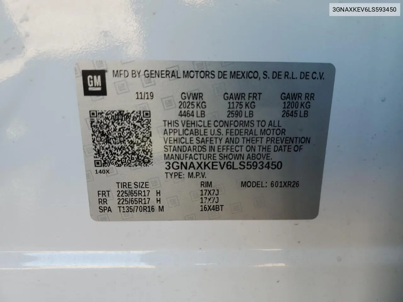 3GNAXKEV6LS593450 2020 Chevrolet Equinox Lt