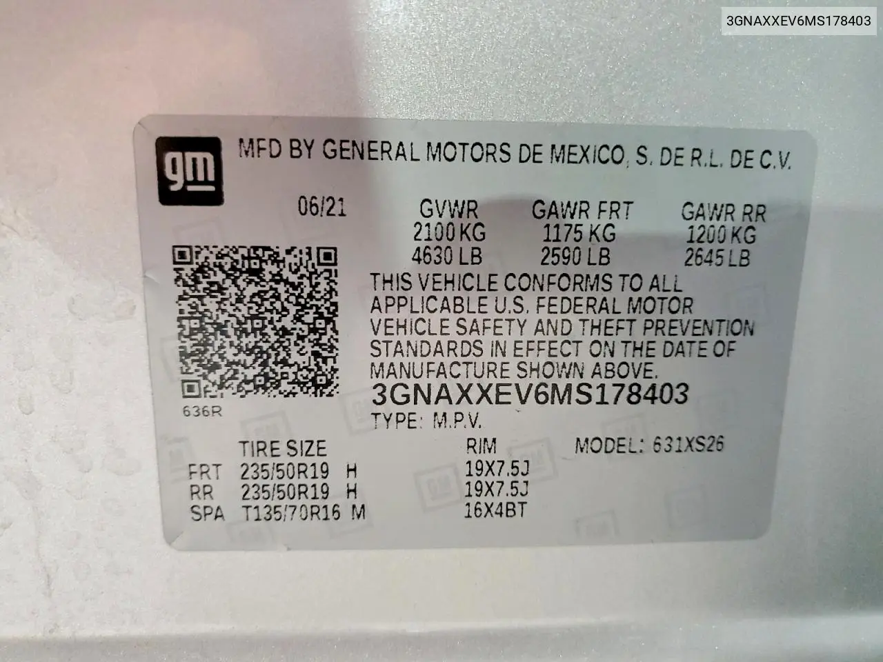 2021 Chevrolet Equinox Premier VIN: 3GNAXXEV6MS178403 Lot: 61897666