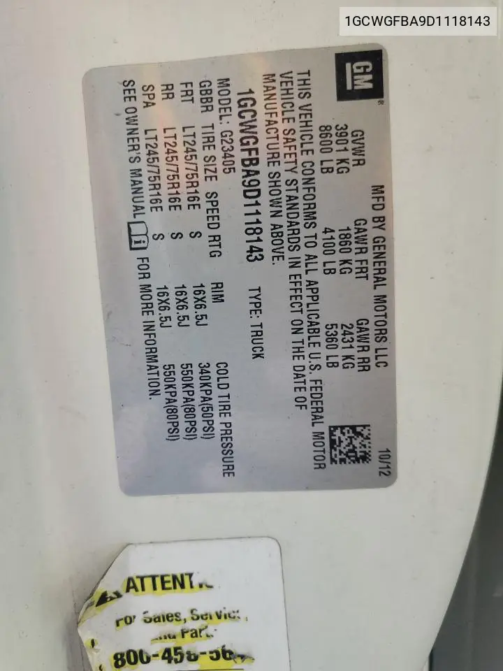 2013 Chevrolet Express G2500 VIN: 1GCWGFBA9D1118143 Lot: 66967375