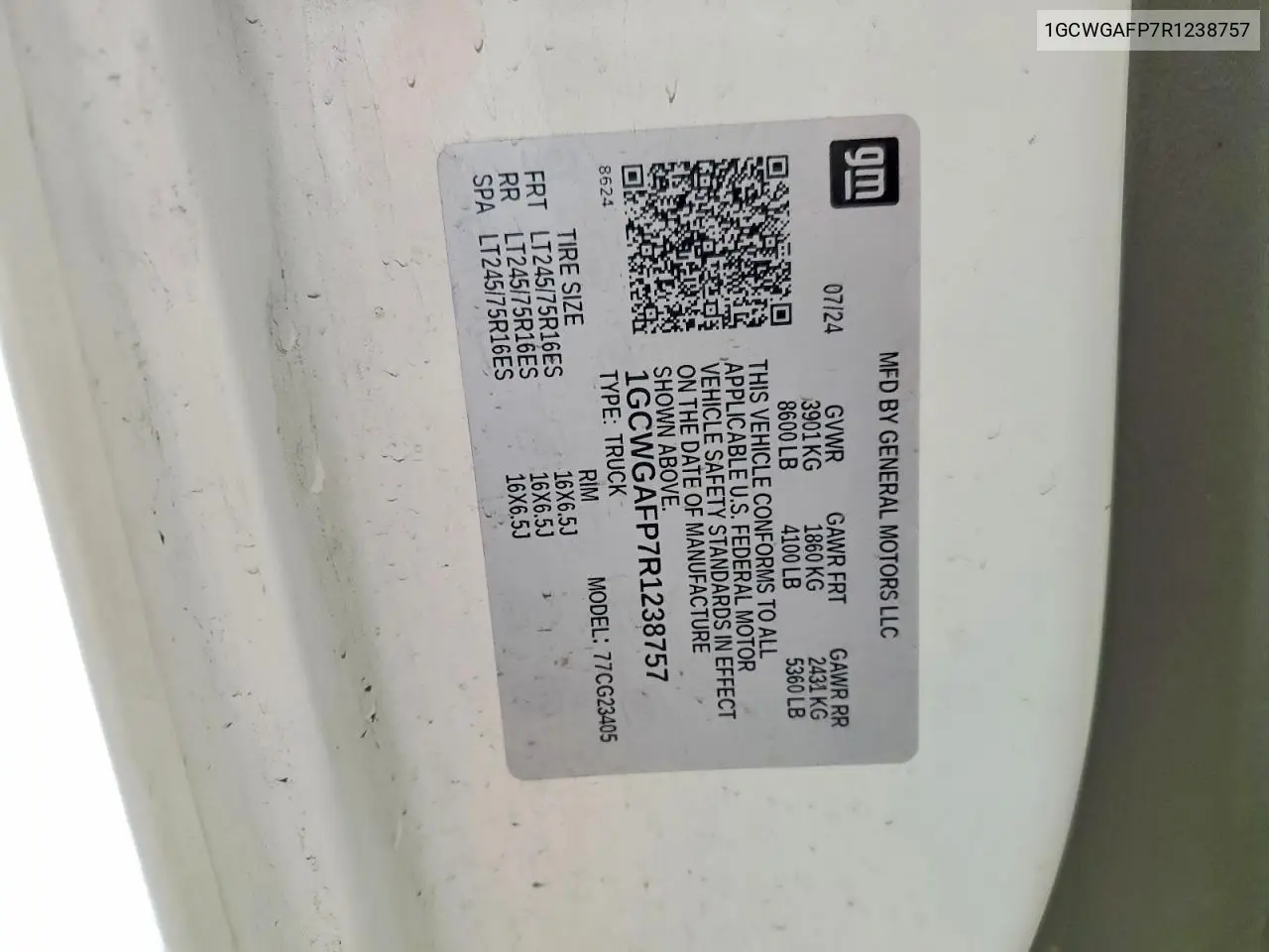 2024 Chevrolet Express 2500 Cargo Delivery Van VIN: 1GCWGAFP7R1238757 Lot: 54596376