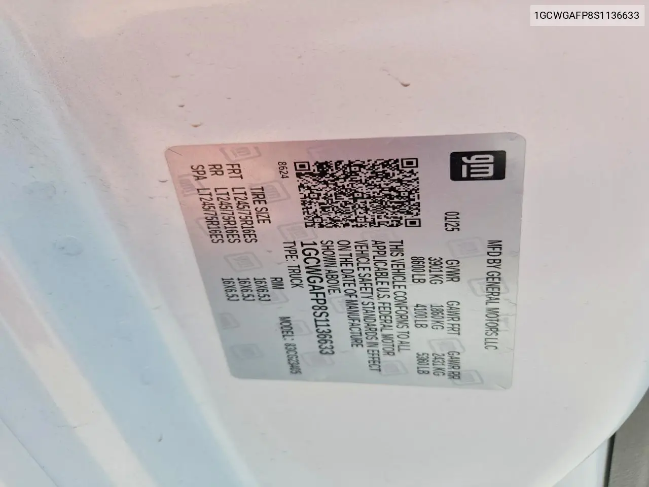 2025 Chevrolet Express G2500 VIN: 1GCWGAFP8S1136633 Lot: 59017276
