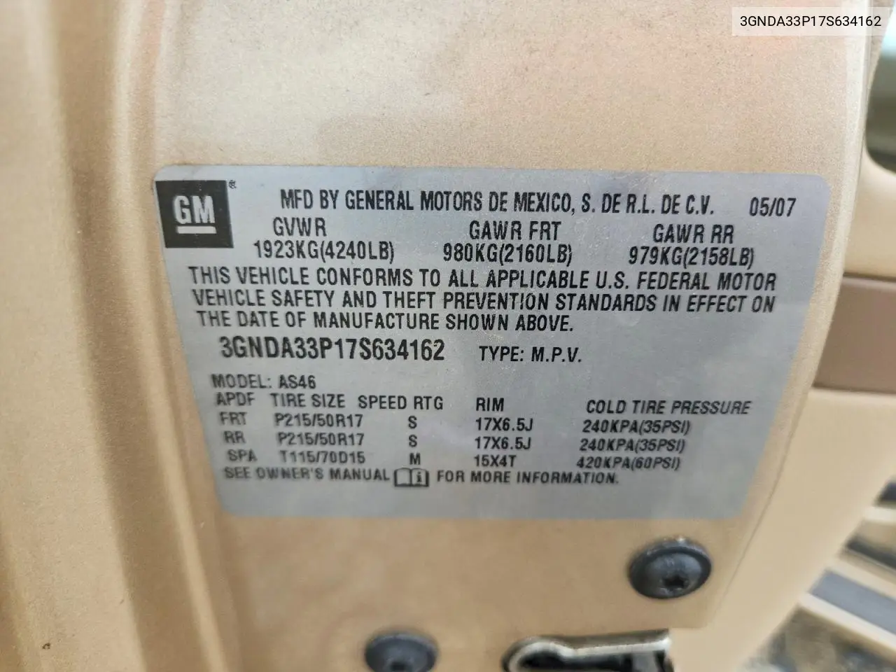 2007 Chevrolet Hhr Lt VIN: 3GNDA33P17S634162 Lot: 54197426