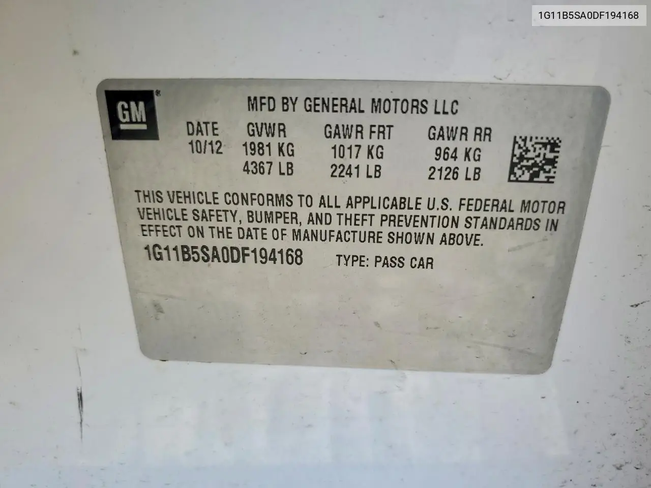 2013 Chevrolet Malibu Ls VIN: 1G11B5SA0DF194168 Lot: 61393076