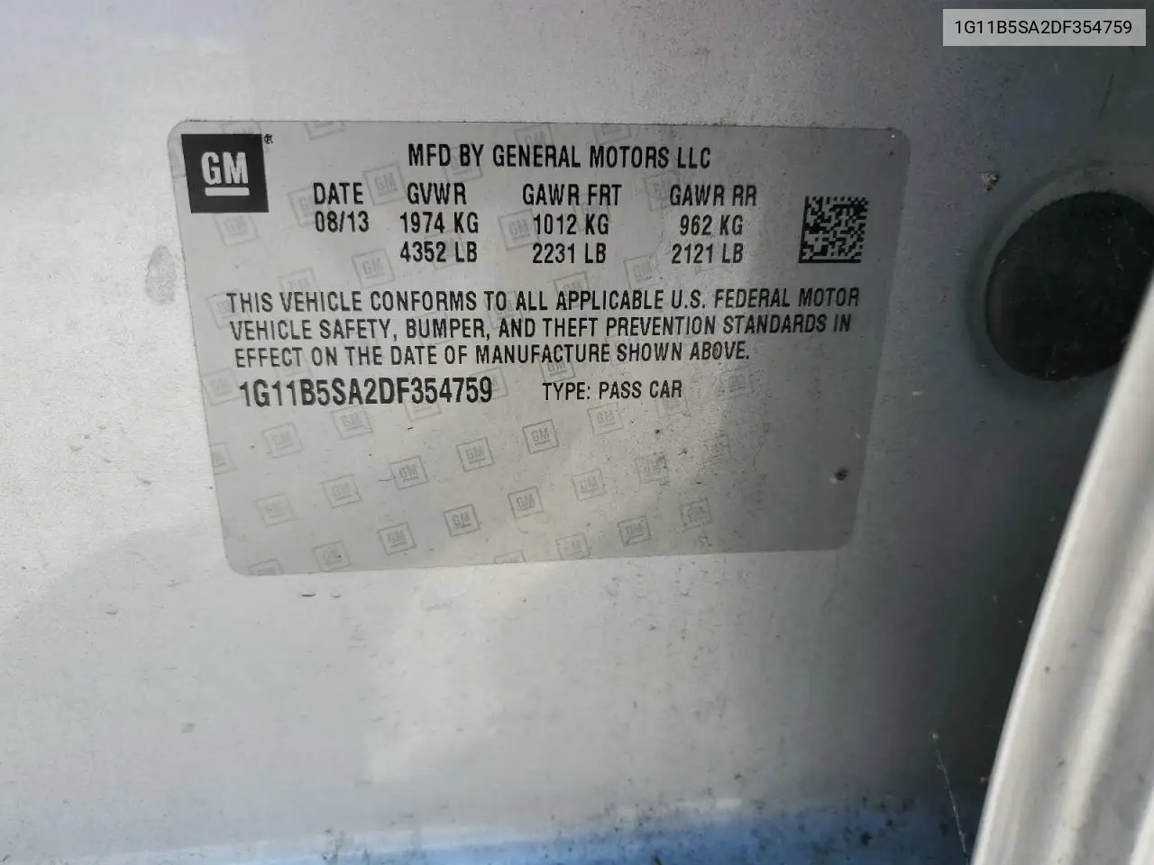 1G11B5SA2DF354759 2013 Chevrolet Malibu Ls
