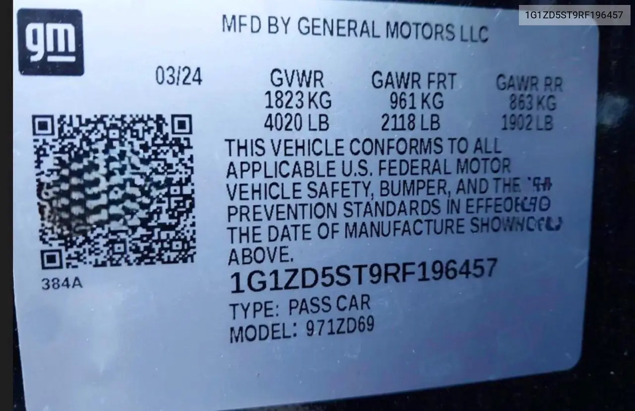 1G1ZD5ST9RF196457 2024 Chevrolet Malibu Lt