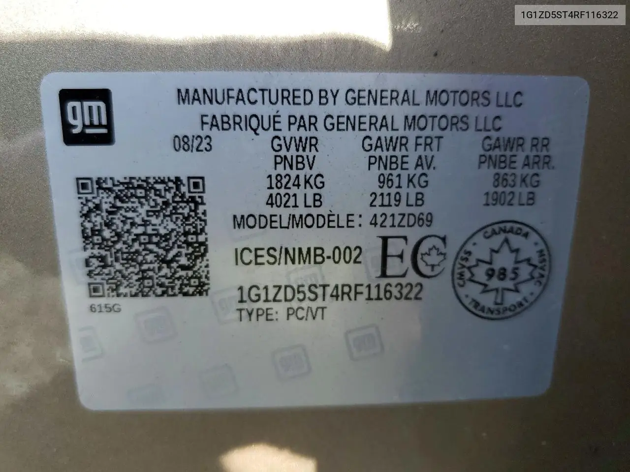 2024 Chevrolet Malibu Lt VIN: 1G1ZD5ST4RF116322 Lot: 59404416