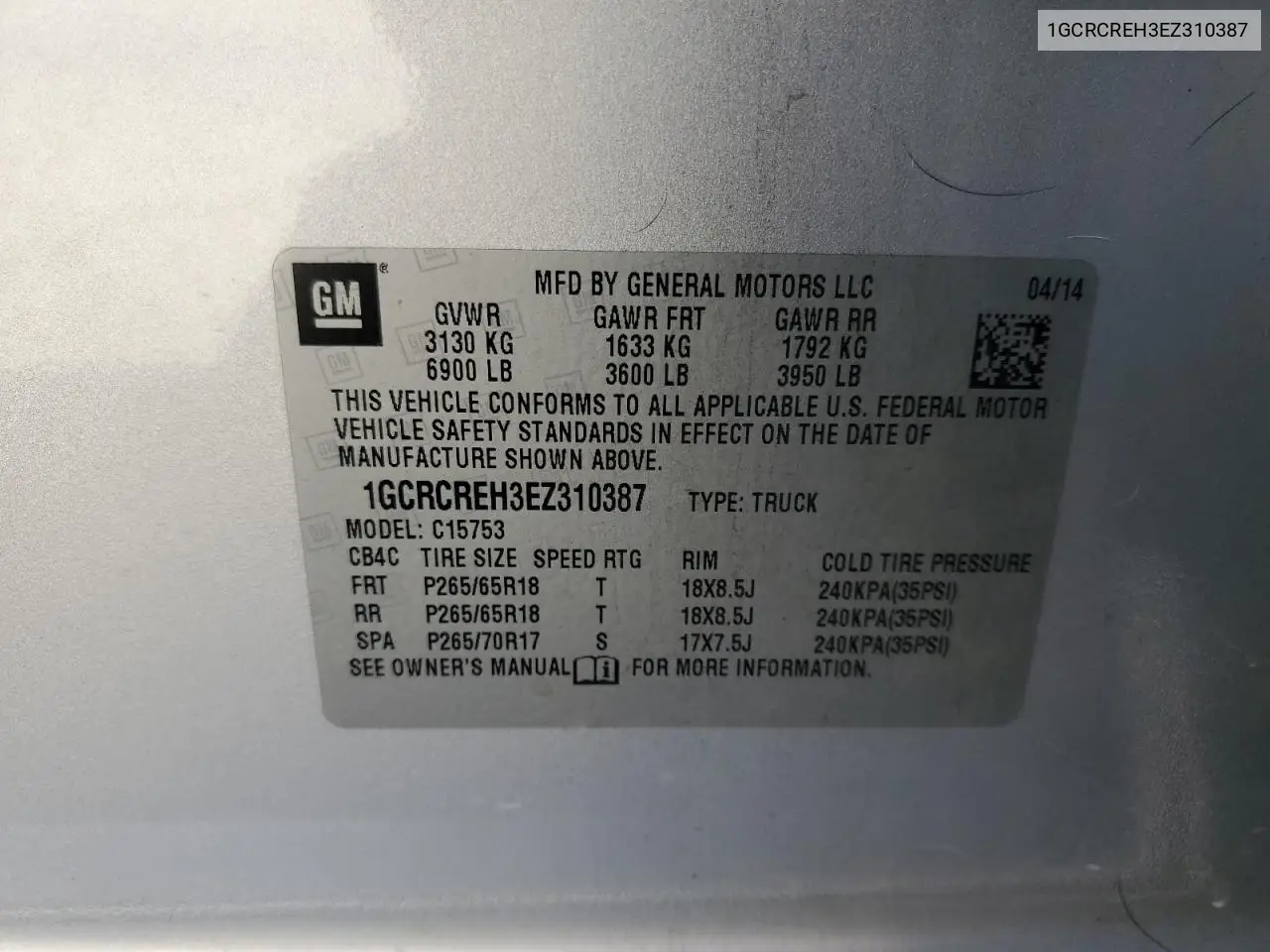 1GCRCREH3EZ310387 2014 Chevrolet Silverado C1500 Lt