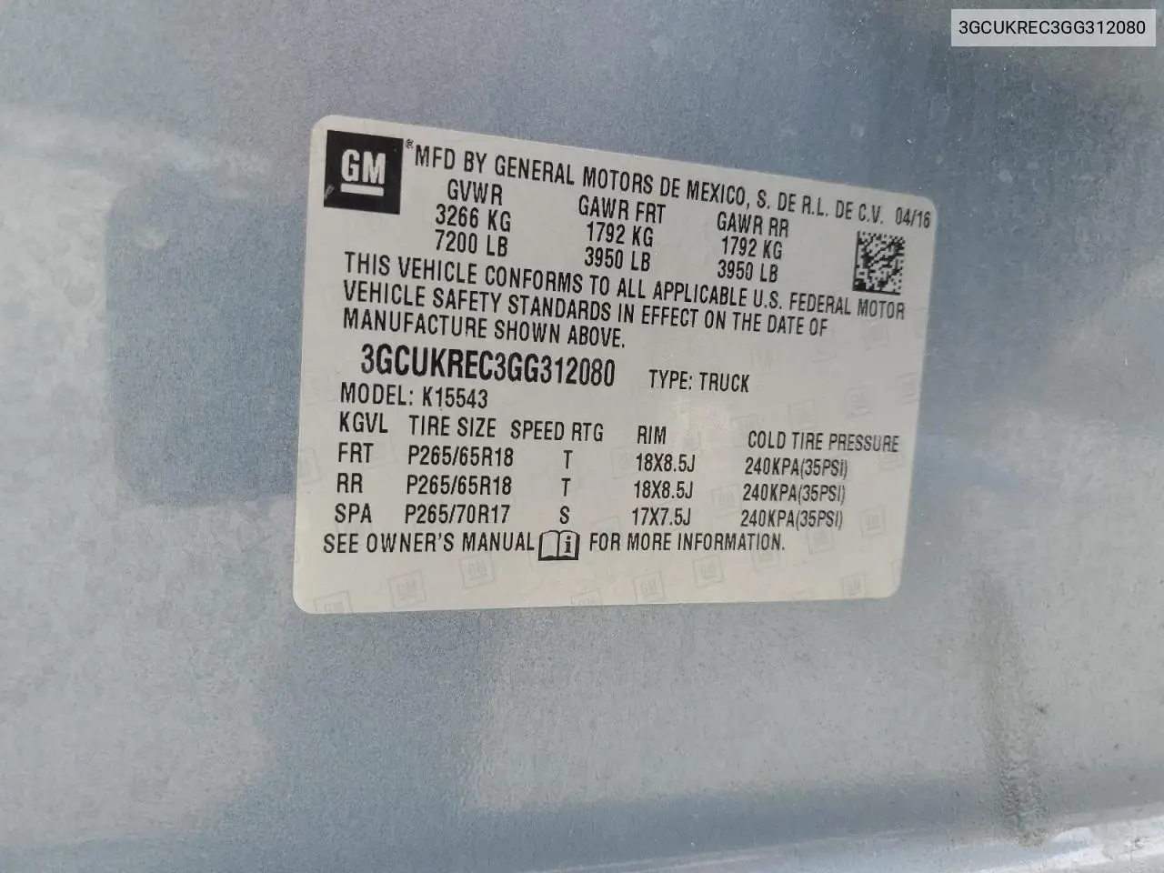 3GCUKREC3GG312080 2016 Chevrolet Silverado K1500 Lt