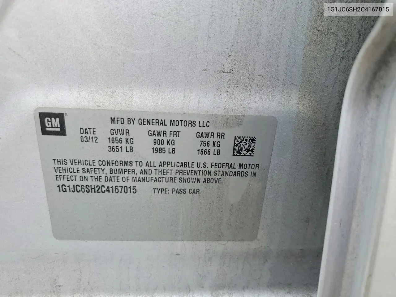 2012 Chevrolet Sonic Lt VIN: 1G1JC6SH2C4167015 Lot: 61737486