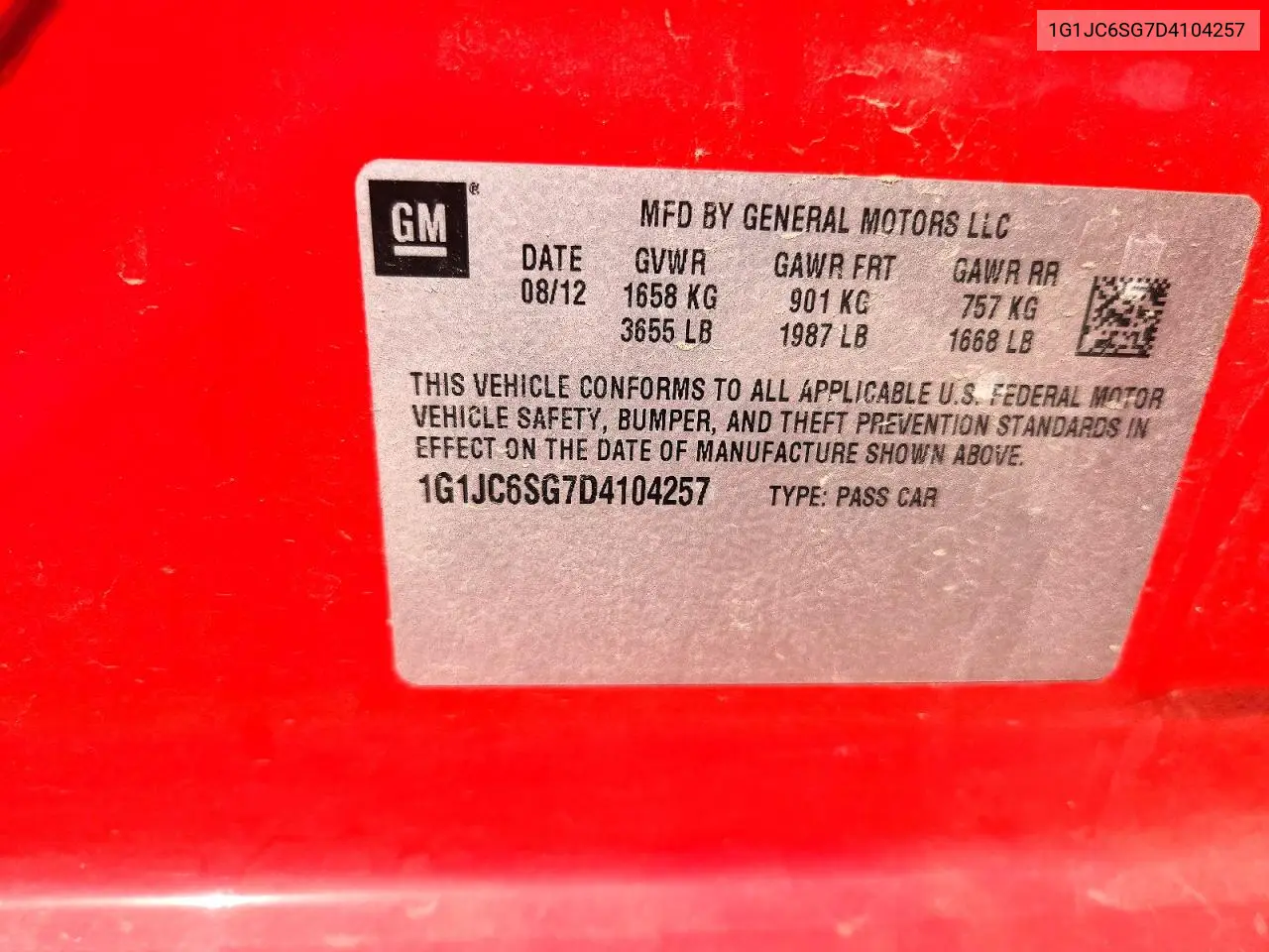 2013 Chevrolet Sonic Lt VIN: 1G1JC6SG7D4104257 Lot: 59884616