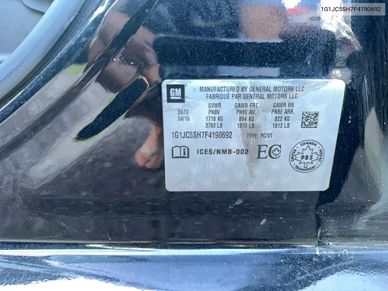 2015 Chev Sonic Lt VIN: 1G1JC5SH7F4190692 Lot: 61447576