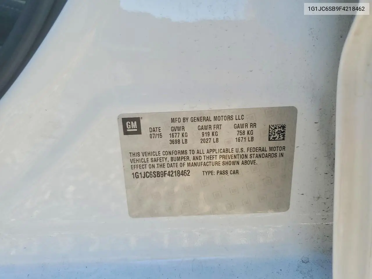 2015 Chevrolet Sonic Lt VIN: 1G1JC6SB9F4218462 Lot: 95585345