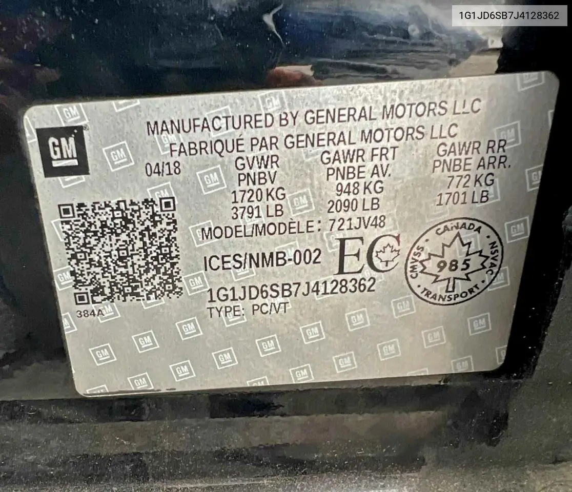 1G1JD6SB7J4128362 2018 Chevrolet Sonic Lt