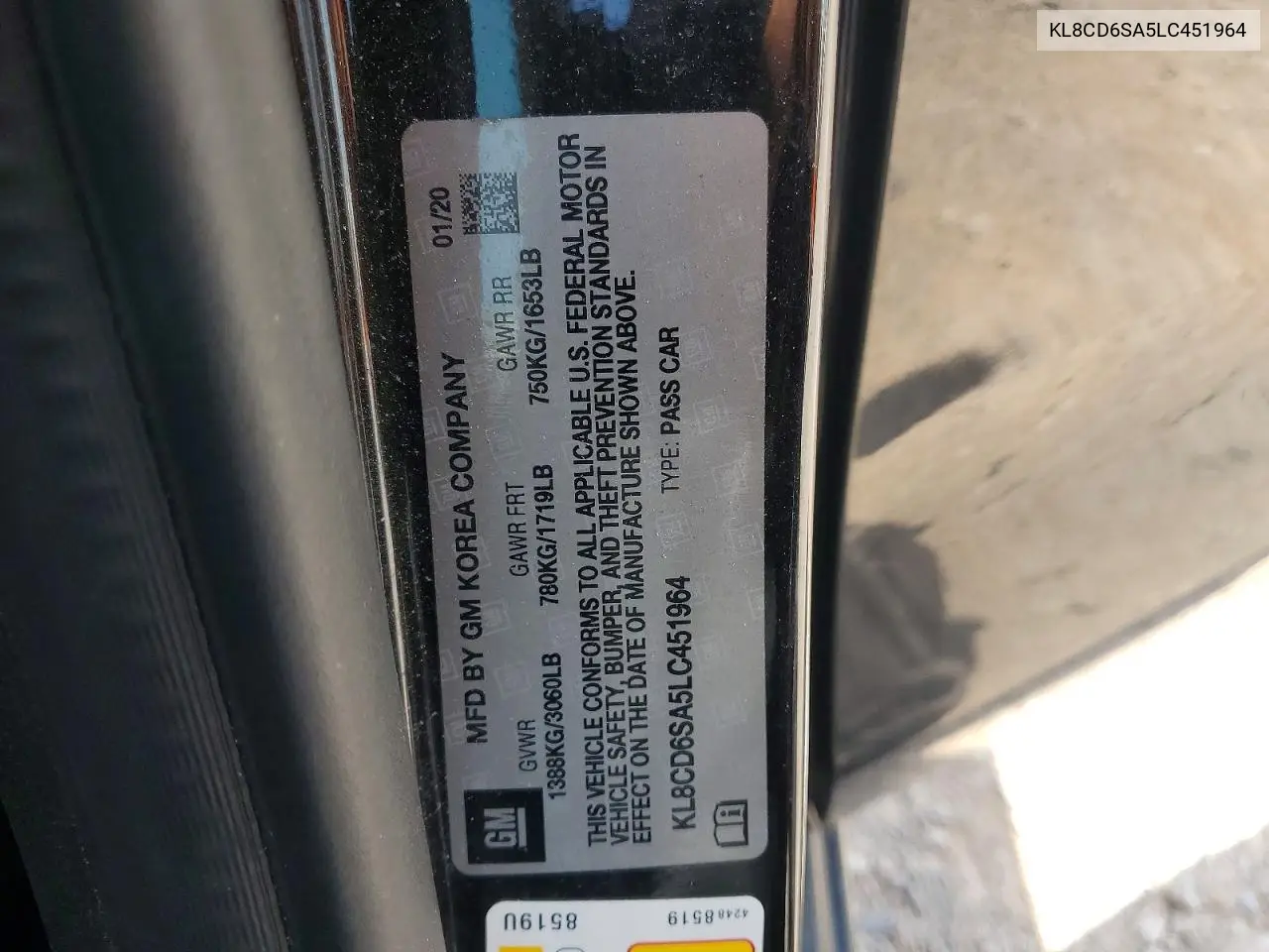 2020 Chevrolet Spark 1Lt VIN: KL8CD6SA5LC451964 Lot: 59652326