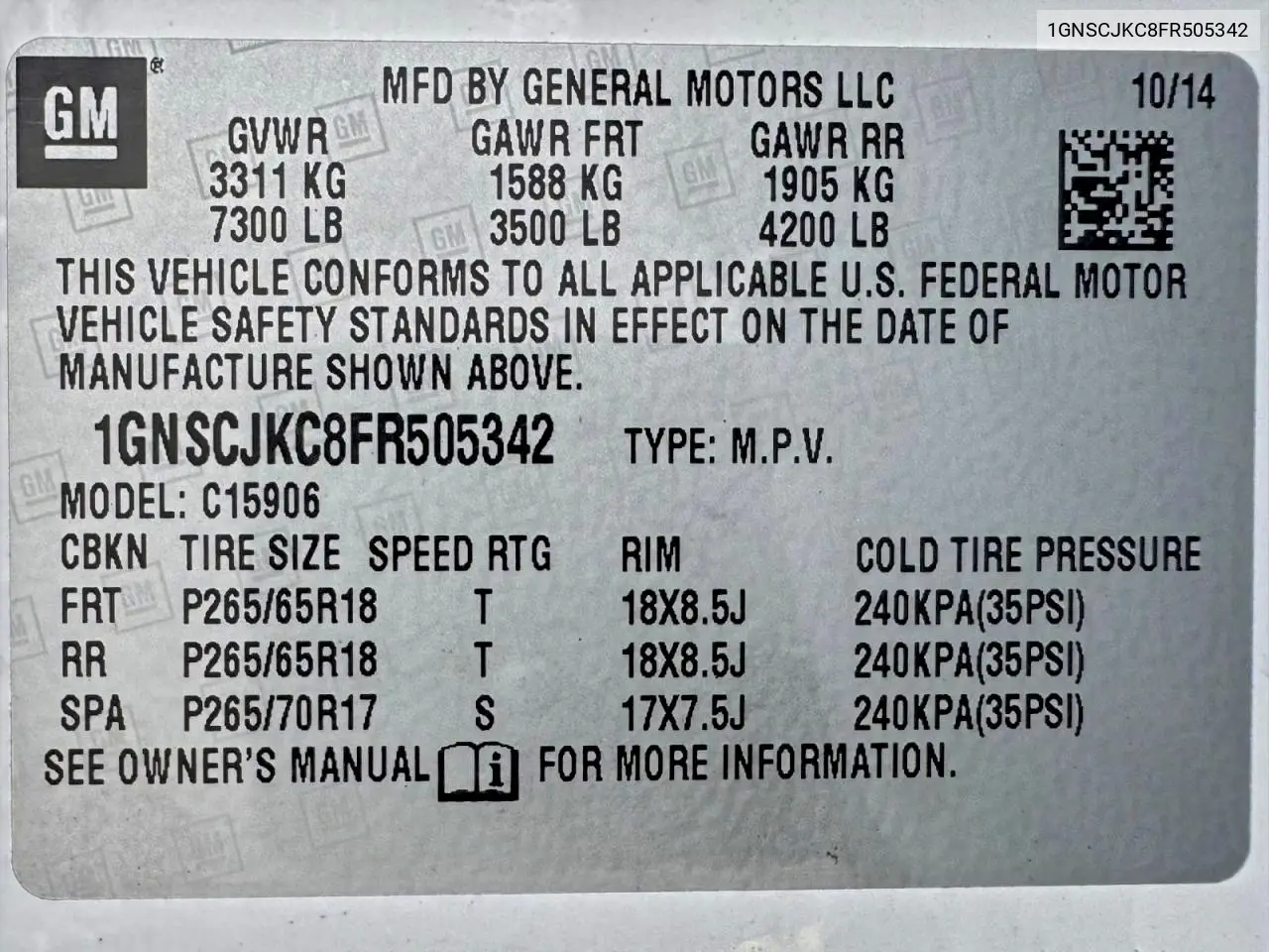 1GNSCJKC8FR505342 2015 Chevrolet Suburban C1500 Lt