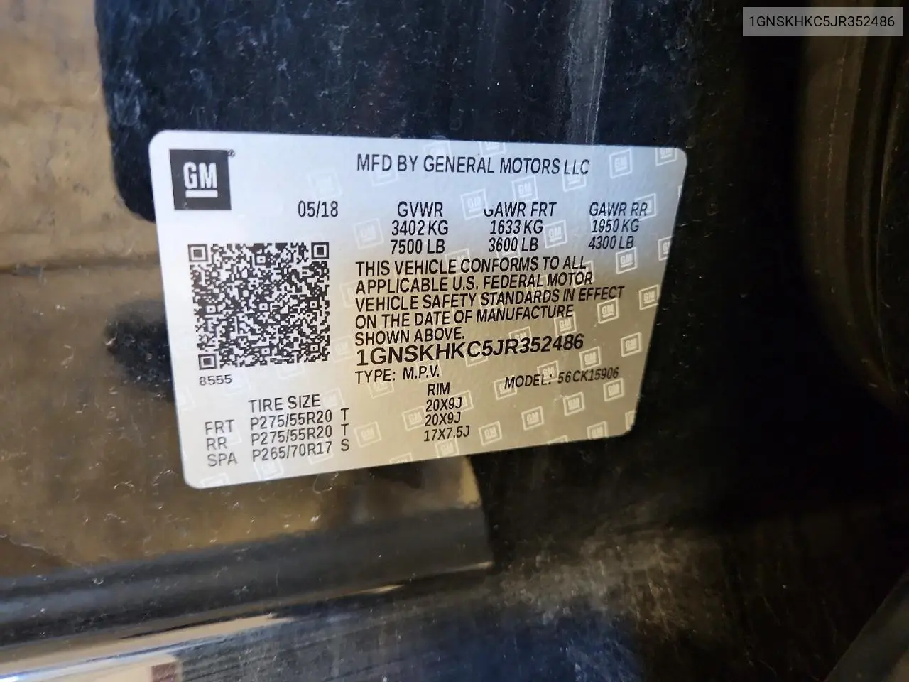 2018 Chevrolet Suburban K1500 Lt VIN: 1GNSKHKC5JR352486 Lot: 60439666