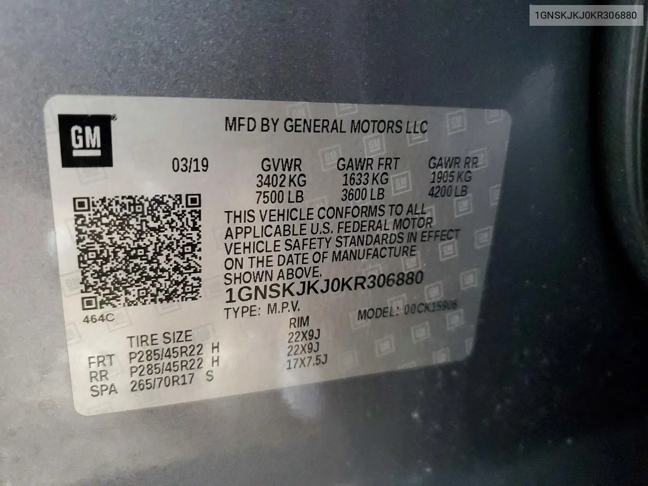 2019 Chevrolet Suburban K1500 Premier VIN: 1GNSKJKJ0KR306880 Lot: 60222166