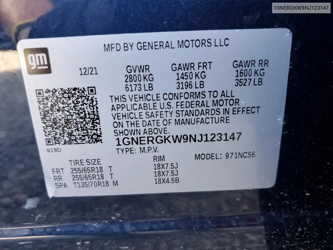 1GNERGKW9NJ123147 2022 Chevrolet Traverse Lt
