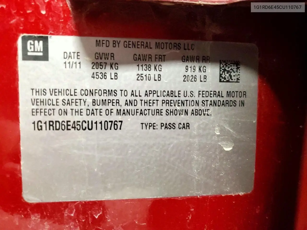 2012 Chevrolet Volt VIN: 1G1RD6E45CU110767 Lot: 57055036