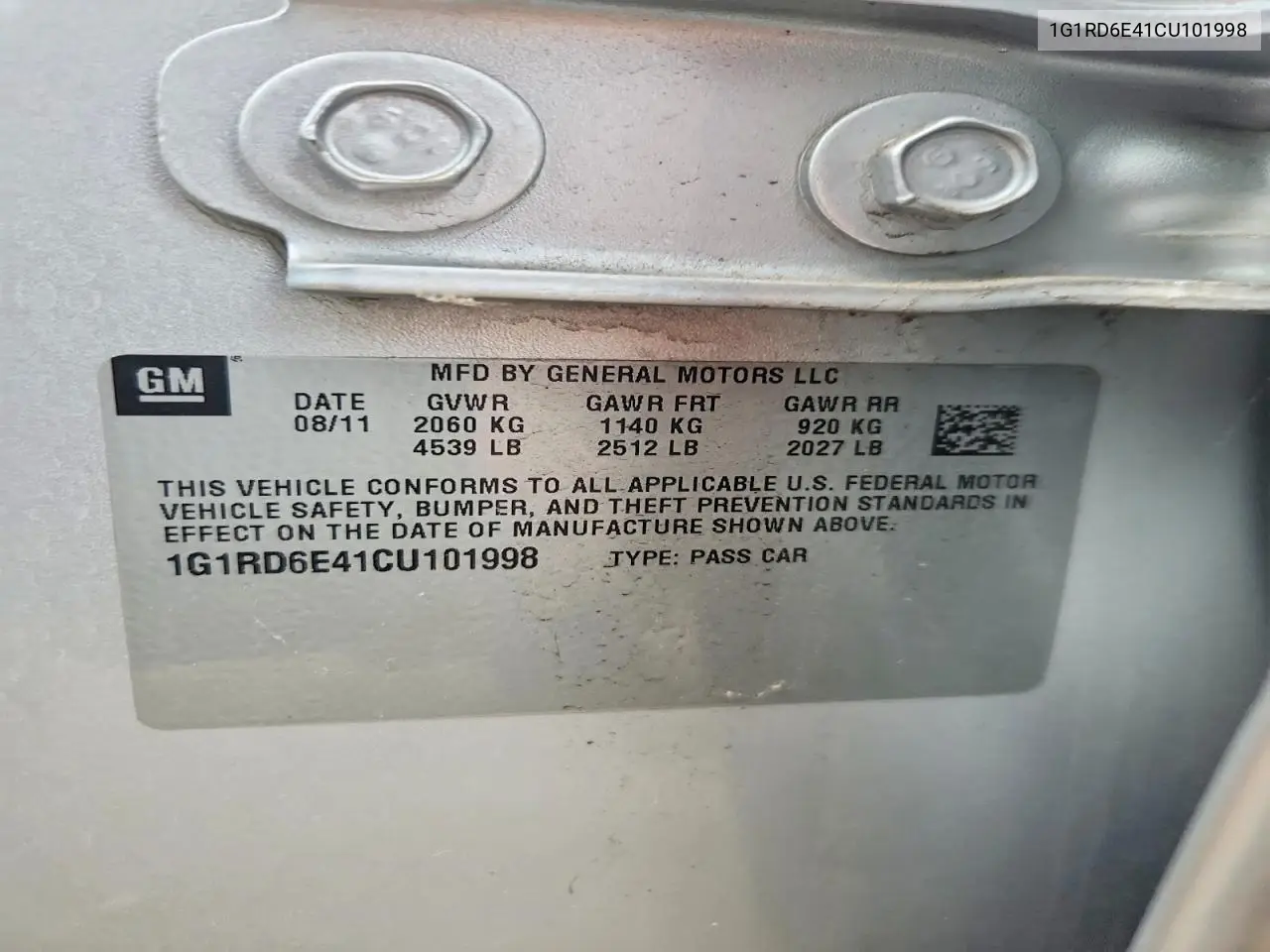 2012 Chevrolet Volt VIN: 1G1RD6E41CU101998 Lot: 60189196