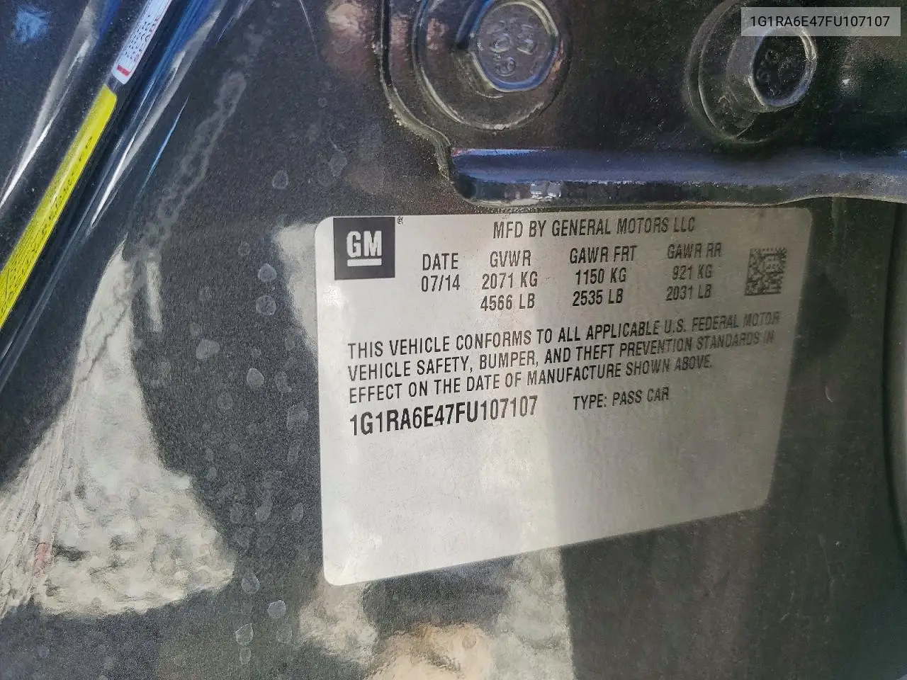 2015 Chevrolet Volt VIN: 1G1RA6E47FU107107 Lot: 57438986