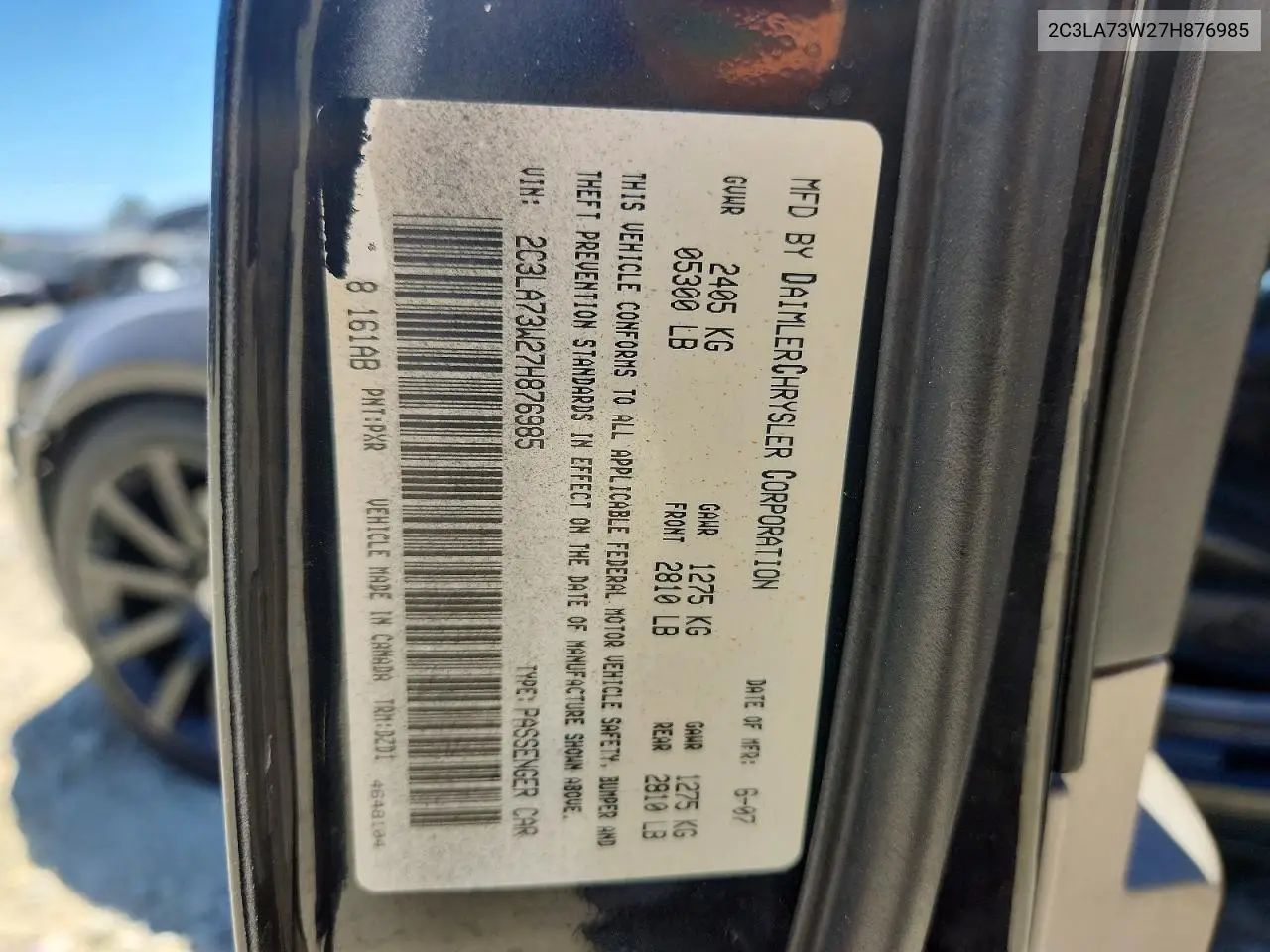 2007 Chrysler 300C Srt-8 VIN: 2C3LA73W27H876985 Lot: 61347066