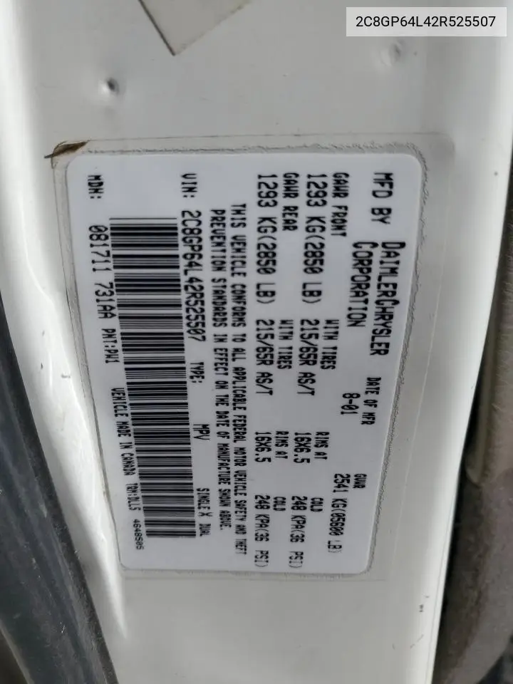2C8GP64L42R525507 2002 Chrysler Town & Country Limited