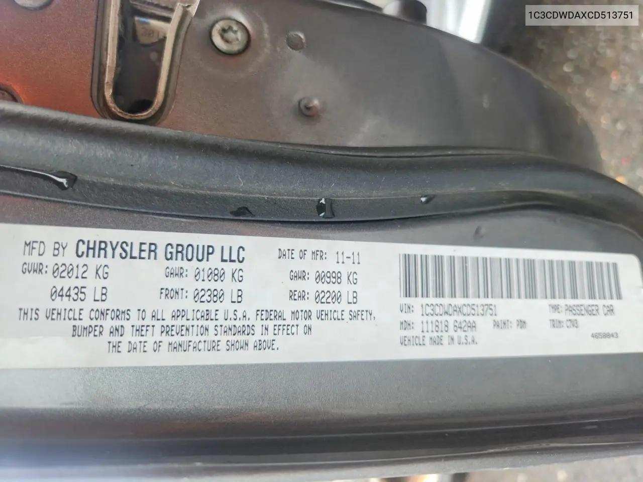 2012 Dodge Caliber Sxt VIN: 1C3CDWDAXCD513751 Lot: 62114546