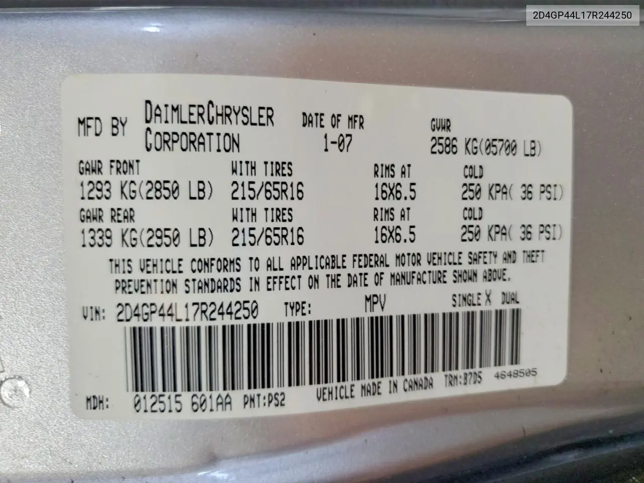 2007 Dodge Grand Caravan Sxt VIN: 2D4GP44L17R244250 Lot: 58478016