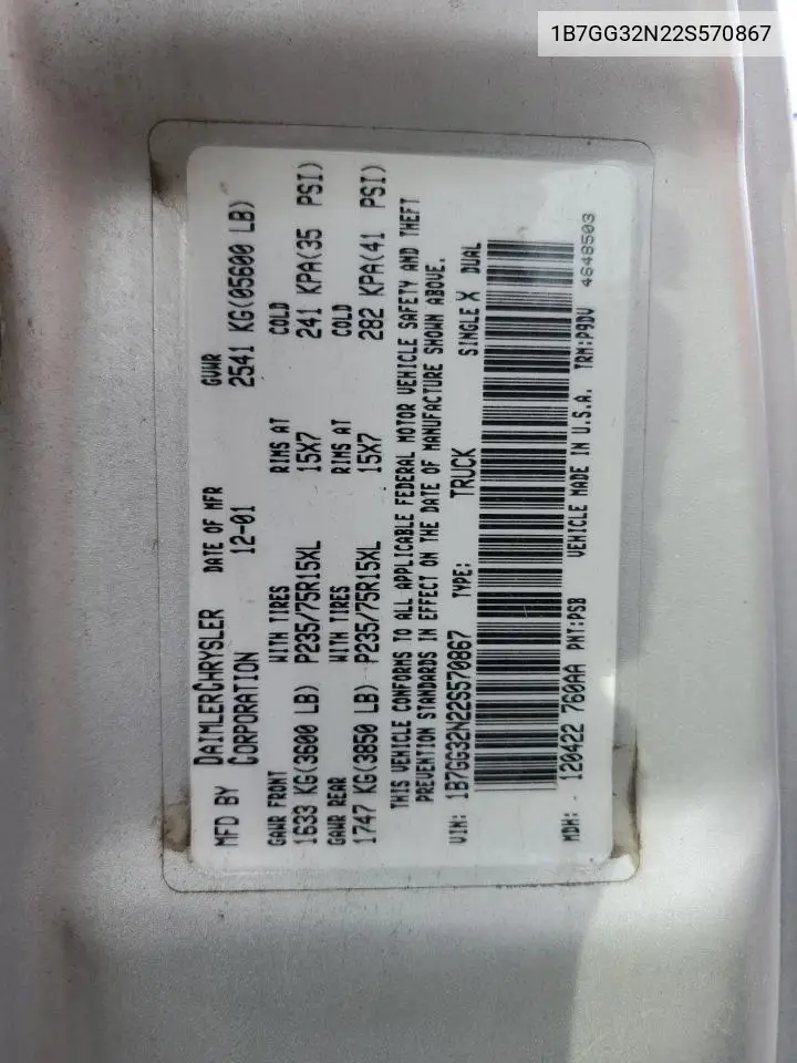 1B7GG32N22S570867 2002 Dodge Dakota Sport