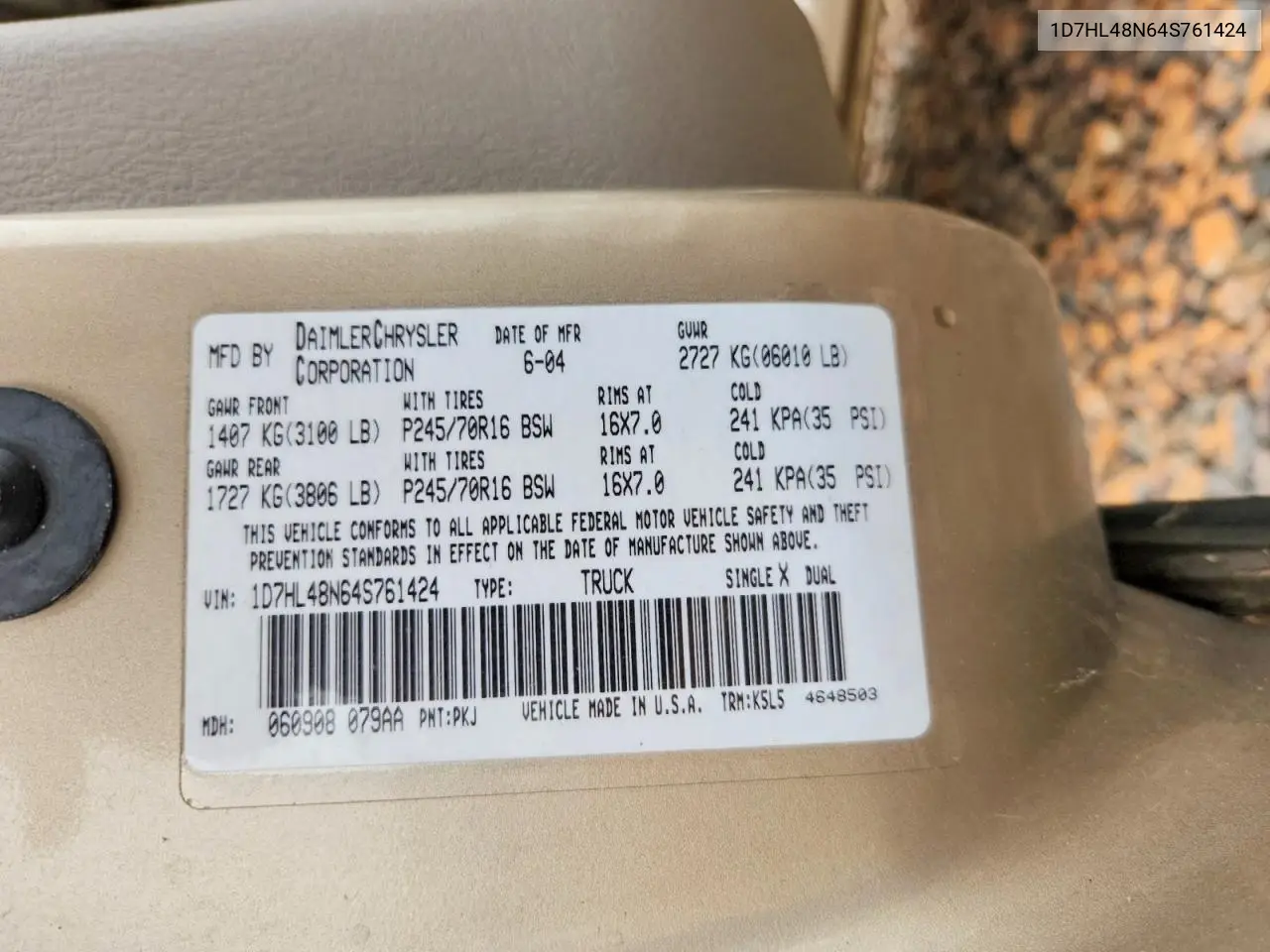 2004 Dodge Dakota Quad Slt VIN: 1D7HL48N64S761424 Lot: 58283046