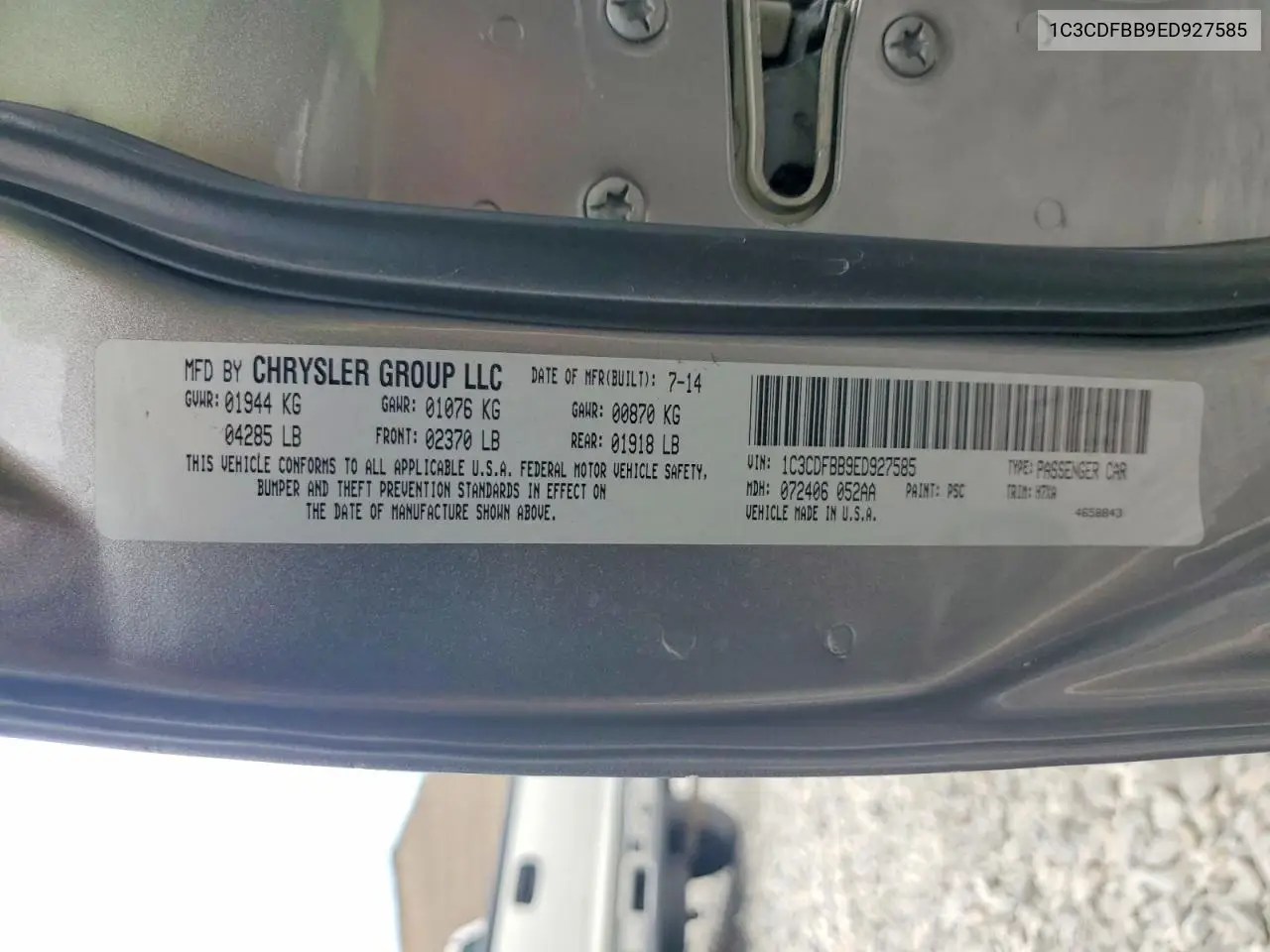 2014 Dodge Dart Sxt VIN: 1C3CDFBB9ED927585 Lot: 61688916