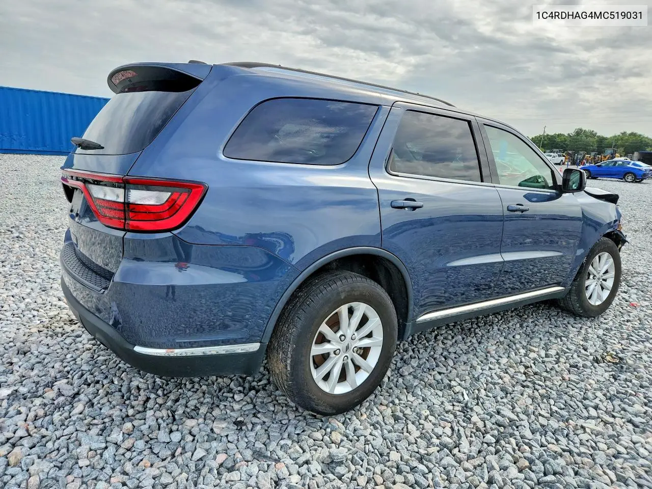 2021 Dodge Durango Sxt VIN: 1C4RDHAG4MC519031 Lot: 55713456