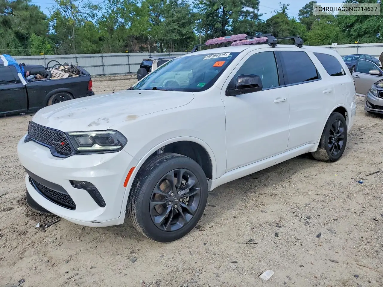 2022 Dodge Durango Sxt VIN: 1C4RDHAG3NC214637 Lot: 60754326
