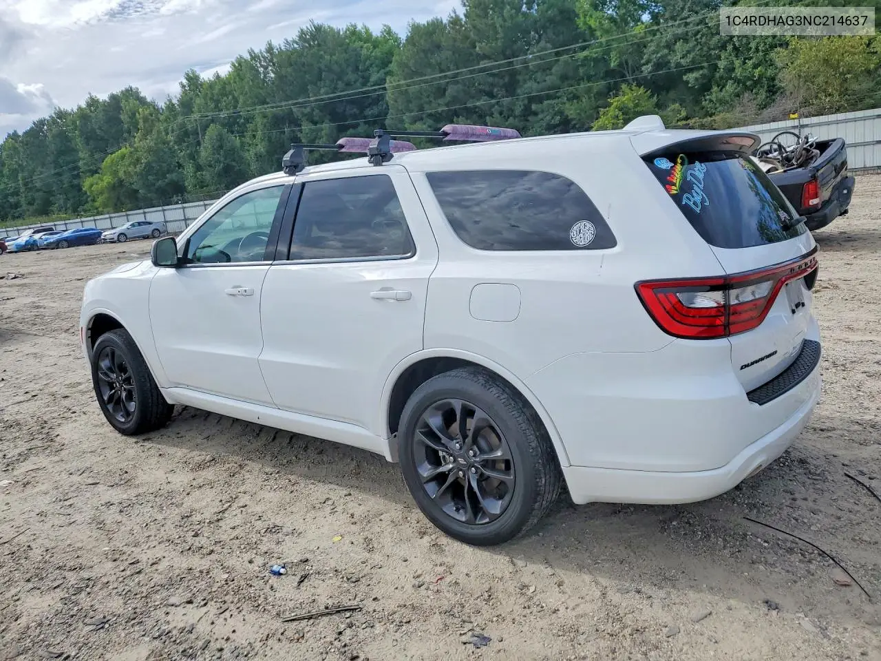 2022 Dodge Durango Sxt VIN: 1C4RDHAG3NC214637 Lot: 60754326
