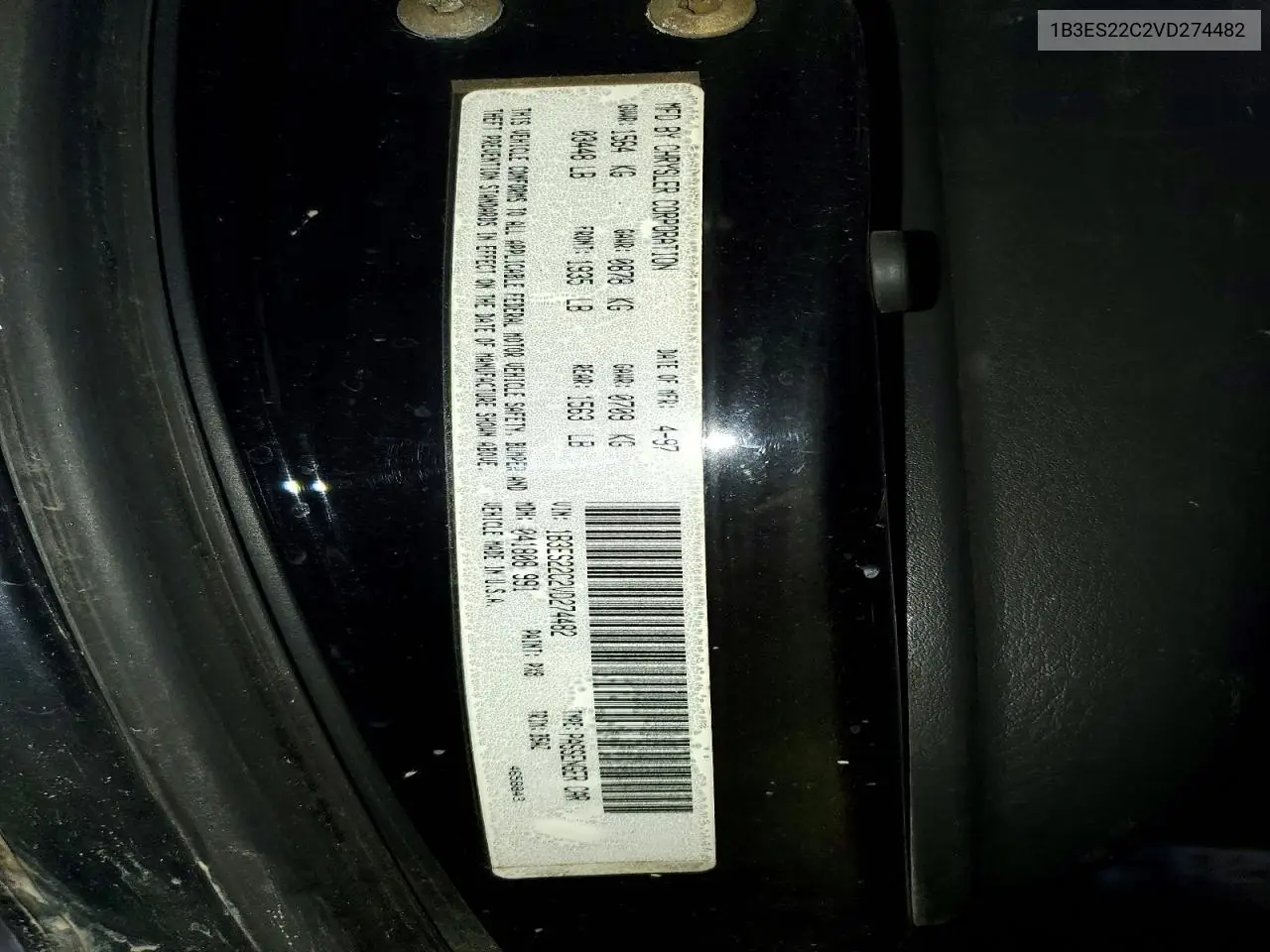 1997 Dodge Neon Base VIN: 1B3ES22C2VD274482 Lot: 54549346
