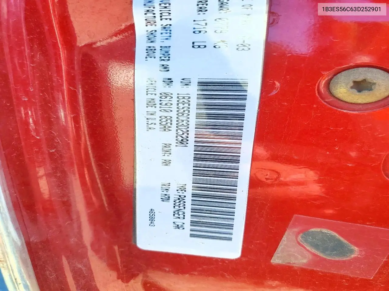 2003 Dodge Neon Sxt VIN: 1B3ES56C63D252901 Lot: 49311056