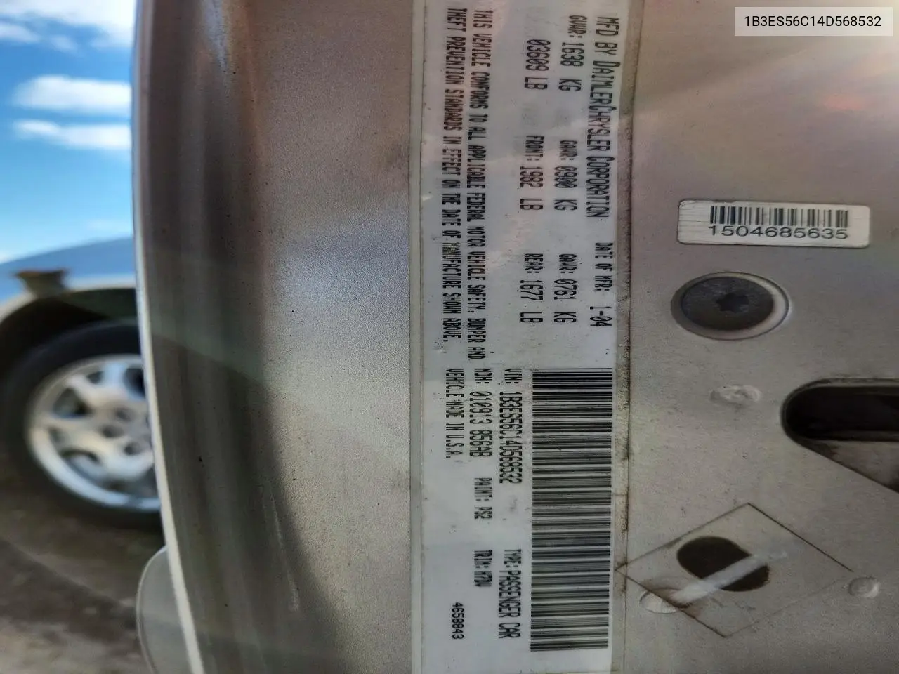 2004 Dodge Neon Sxt VIN: 1B3ES56C14D568532 Lot: 47649876