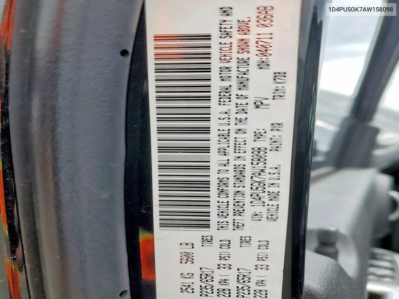 2010 Dodge Nitro Sxt VIN: 1D4PU5GK7AW158098 Lot: 85984395