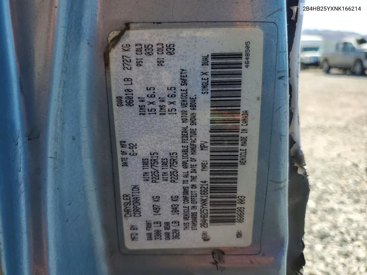 1992 Dodge Ram Wagon B250 VIN: 2B4HB25YXNK166214 Lot: 54045036