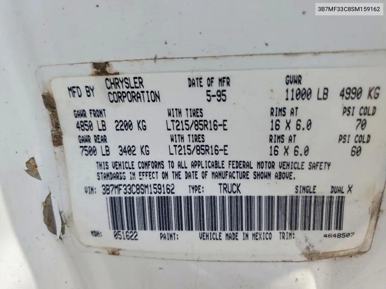 1995 Dodge Ram 3500 VIN: 3B7MF33C8SM159162 Lot: 59161036