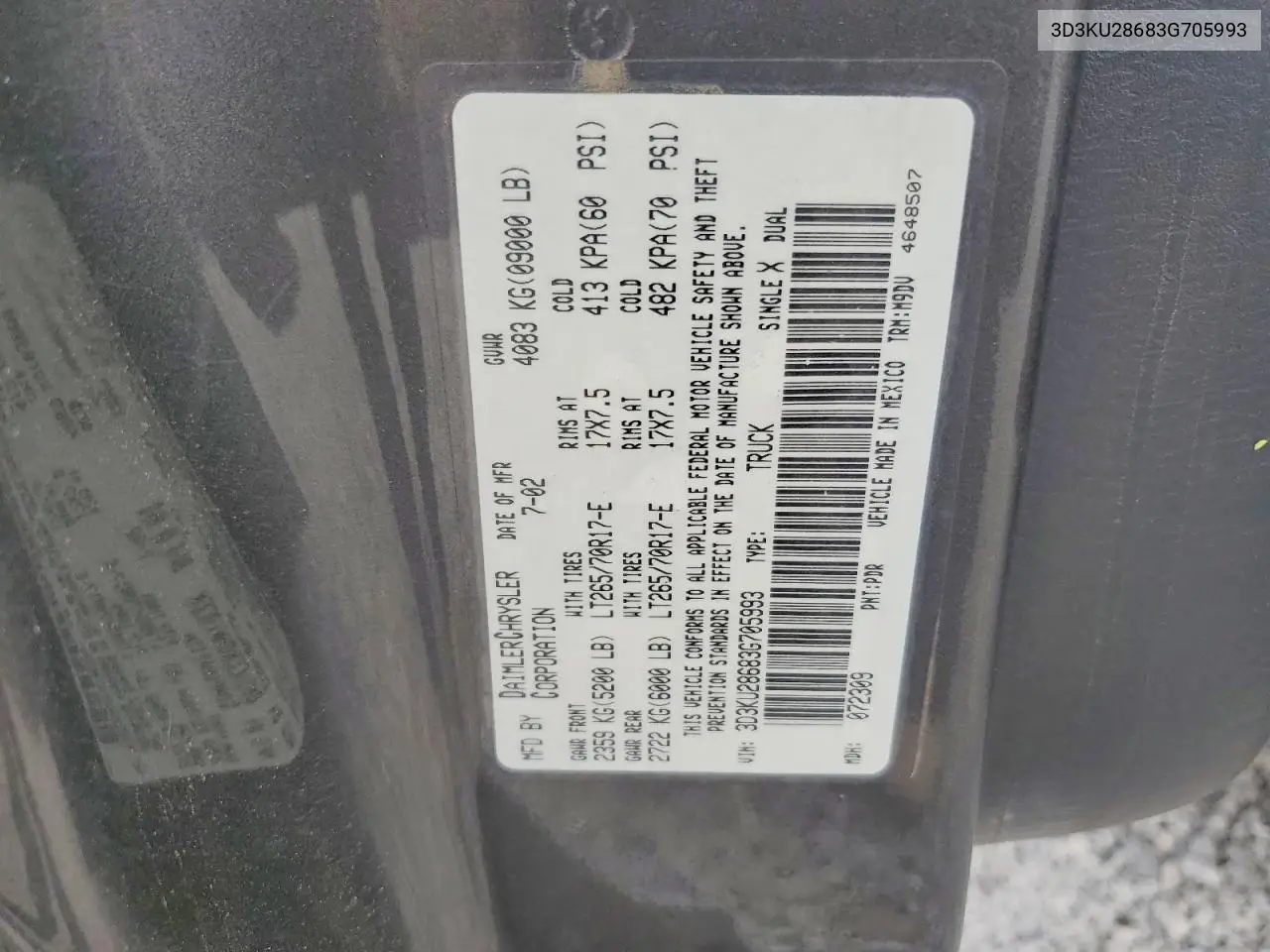 2003 Dodge Ram 2500 St VIN: 3D3KU28683G705993 Lot: 61499526