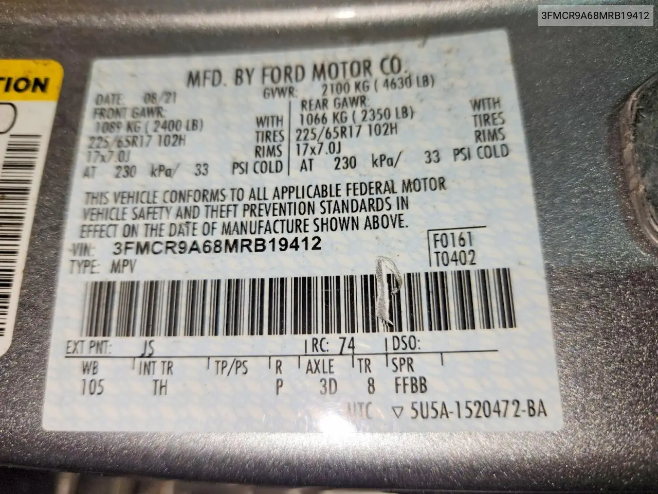 2021 Ford Bronco Sport VIN: 3FMCR9A68MRB19412 Lot: 60277616