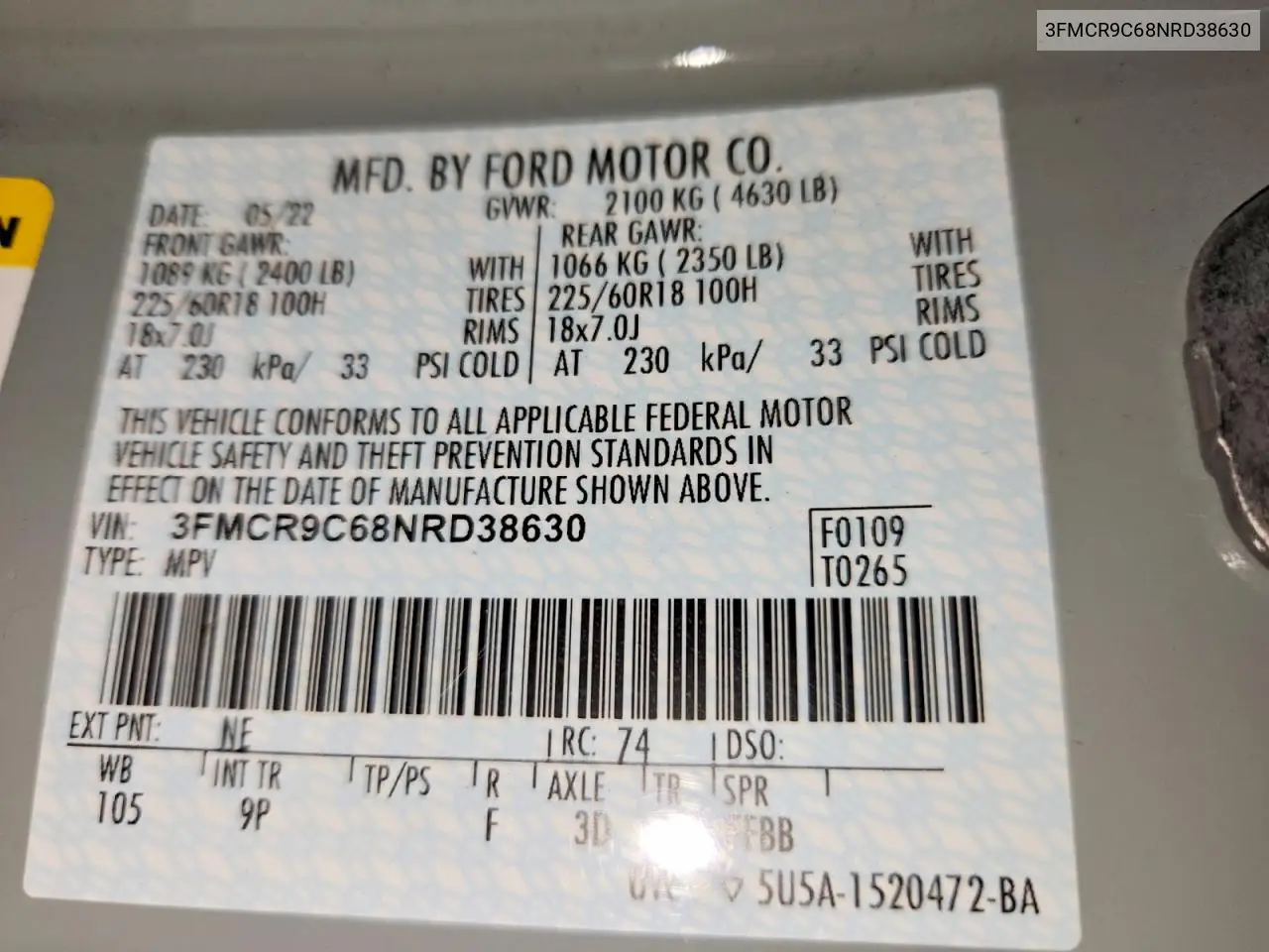 2022 Ford Bronco Sport Outer Banks VIN: 3FMCR9C68NRD38630 Lot: 61244656