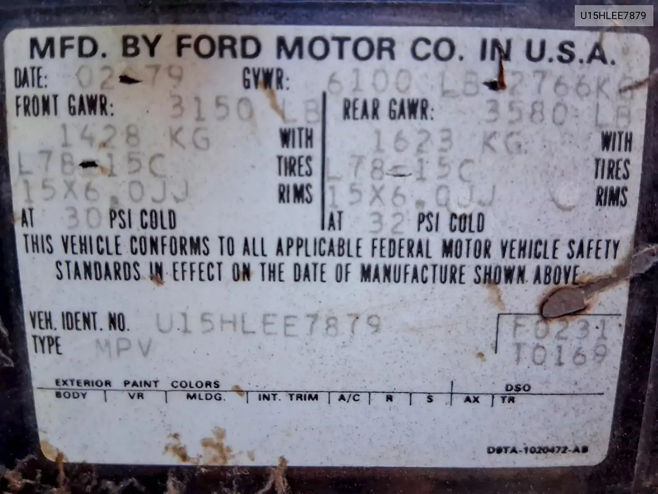 1979 Ford Bronco VIN: U15HLEE7879 Lot: 61277856