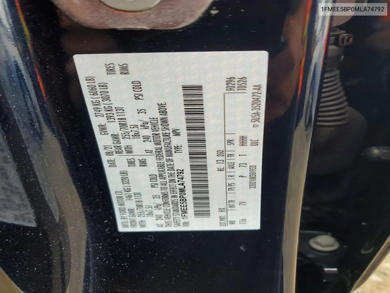 2021 Ford Bronco Base/Big Bend/Black Diamond/Ou VIN: 1FMEE5BP0MLA74792 Lot: 60415146