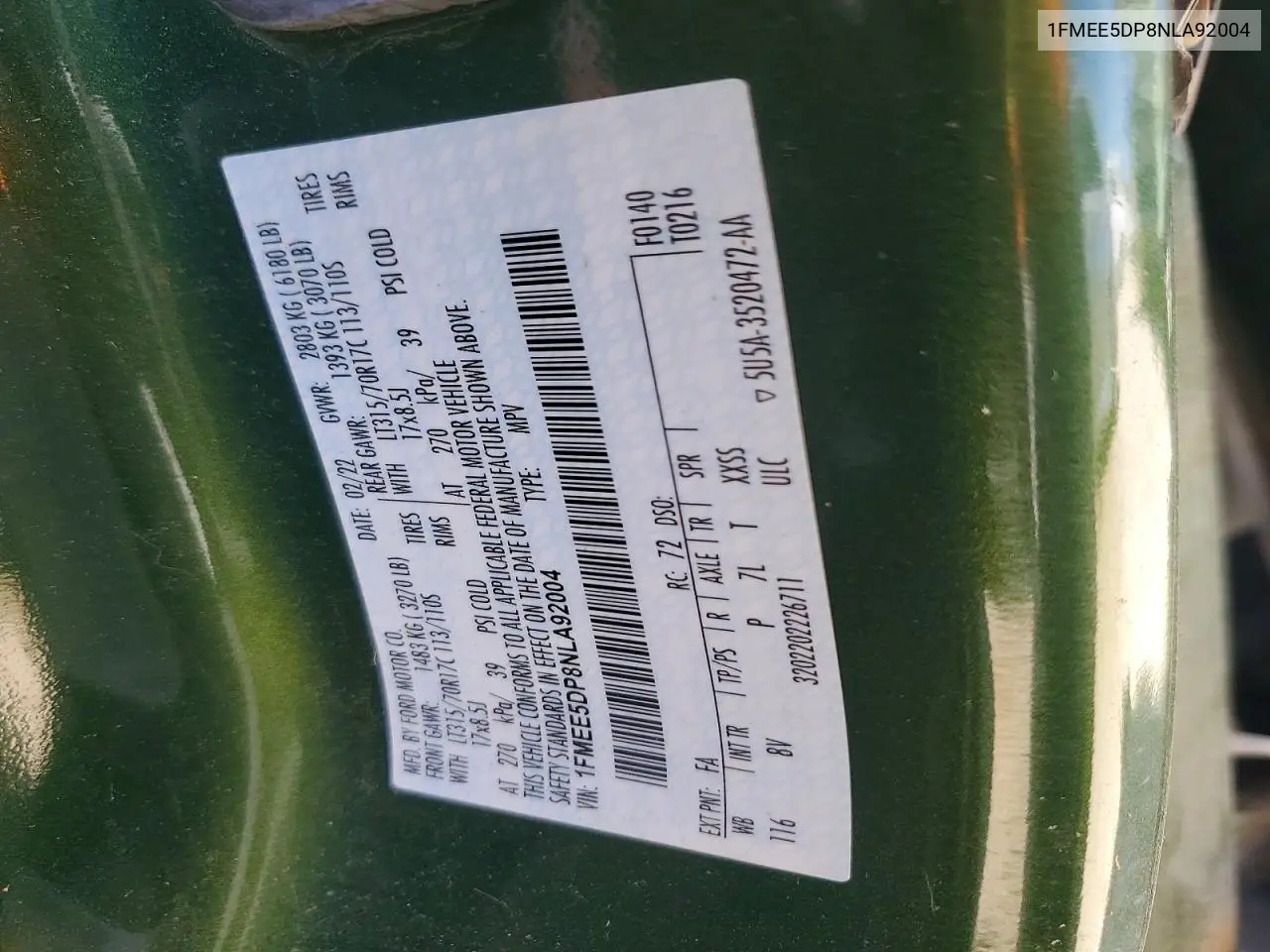 2022 Ford Bronco Base VIN: 1FMEE5DP8NLA92004 Lot: 60651486