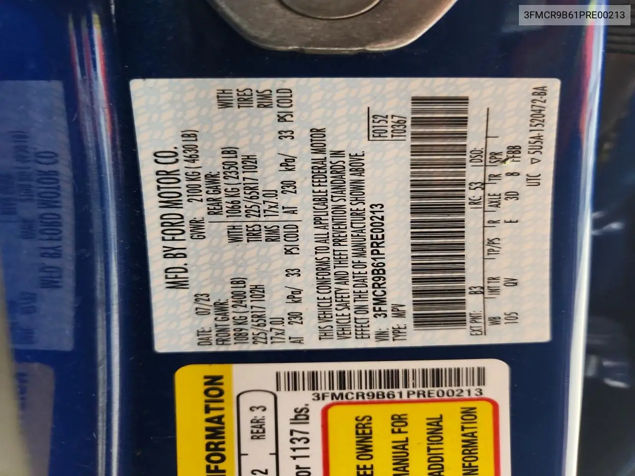2023 Ford Bronco Sport Big Bend VIN: 3FMCR9B61PRE00213 Lot: 60419066