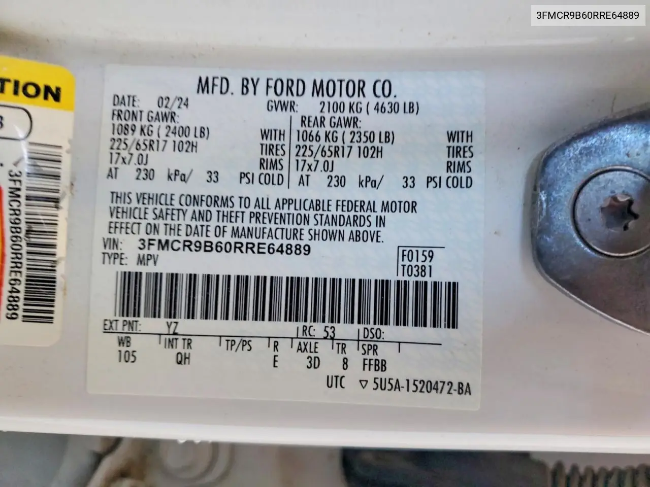 2024 Ford Bronco Sport Big Bend VIN: 3FMCR9B60RRE64889 Lot: 57427586