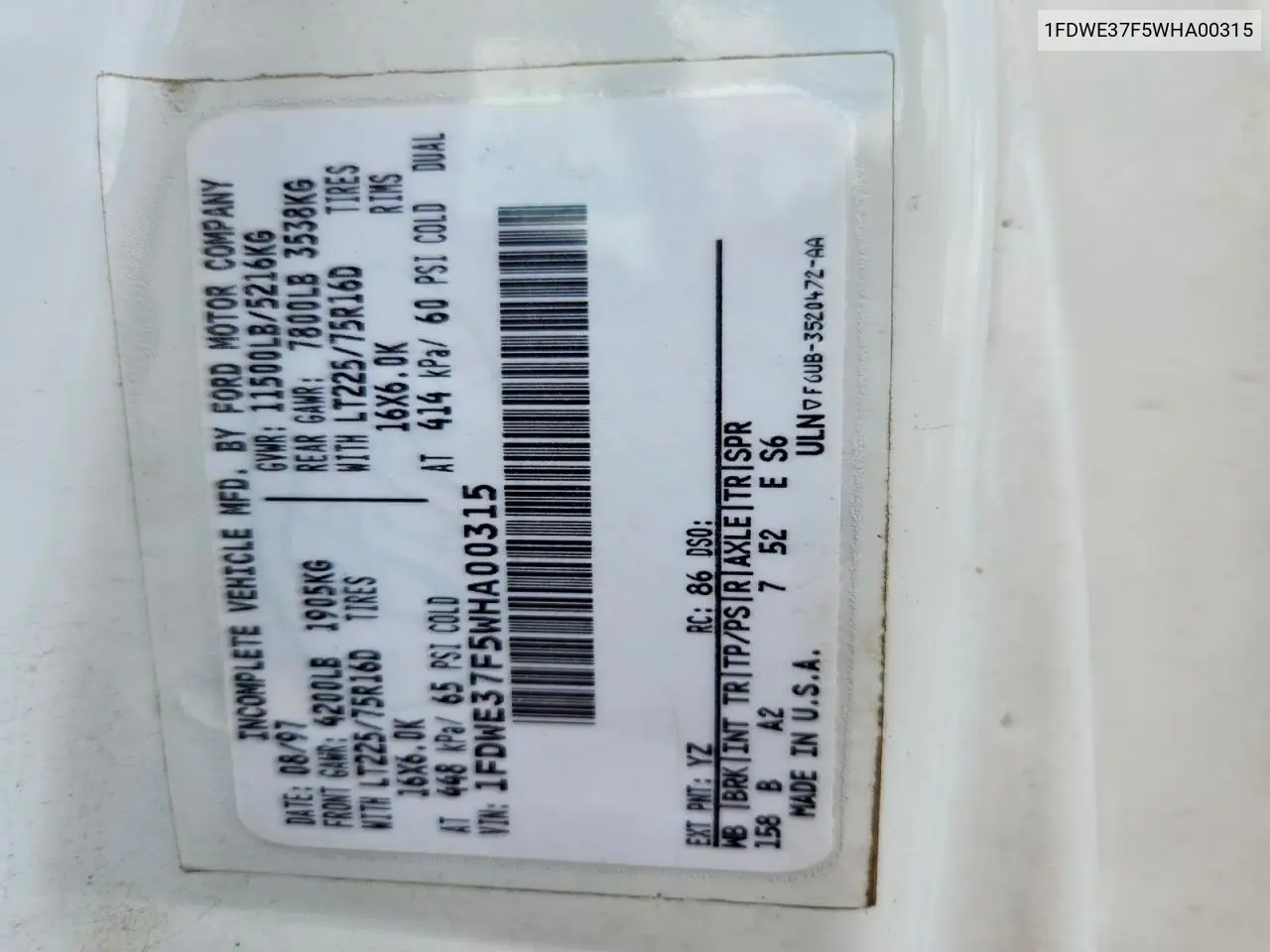 1998 Ford E350 Box Truck VIN: 1FDWE37F5WHA00315 Lot: 60851826